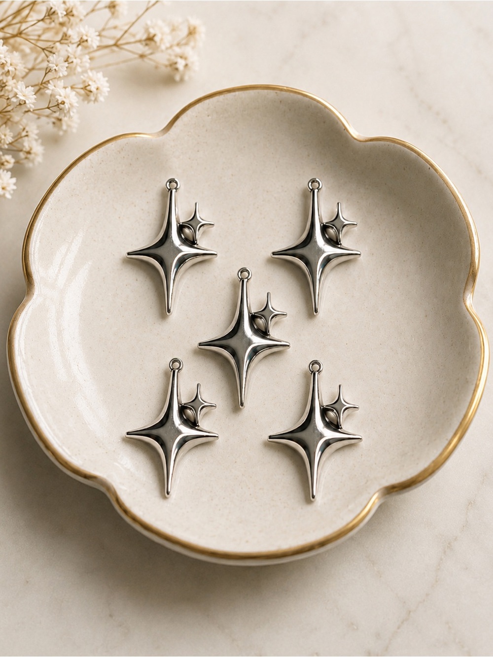 Lot of 5 Silver-tone Starburst Charms | Celestial Zinc Alloy Pendants Jewelry